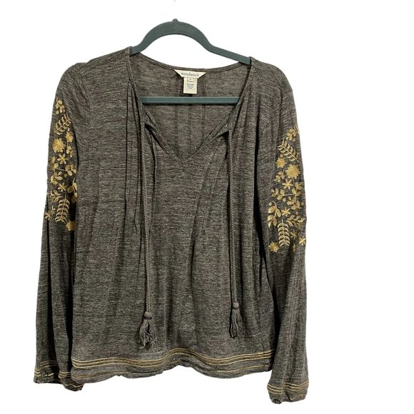 Sundance Kiersey Gold Embroidered Gray Long Sleeve Tassel Linen Top Size S - Picture 1 of 8